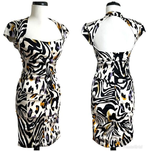 Vintage CACHE Y2K Animal Print 100% Silk Rushed Dress 4 Mobwife Going out - Picture 1 of 14